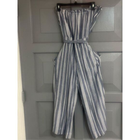 Cloth & Stone Linen Rayon Blue & White Striped Strapless Removable Belt Jumper S - Picture 4 of 9